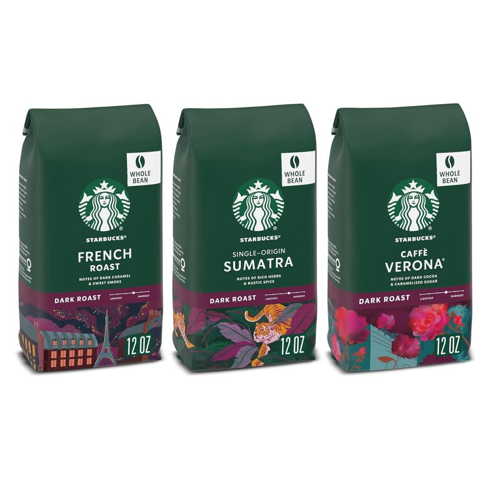 imageStarbucks Dark Roast Whole Bean Coffee Variety Pack 3 bags 12 oz eachDark Variety Pack
