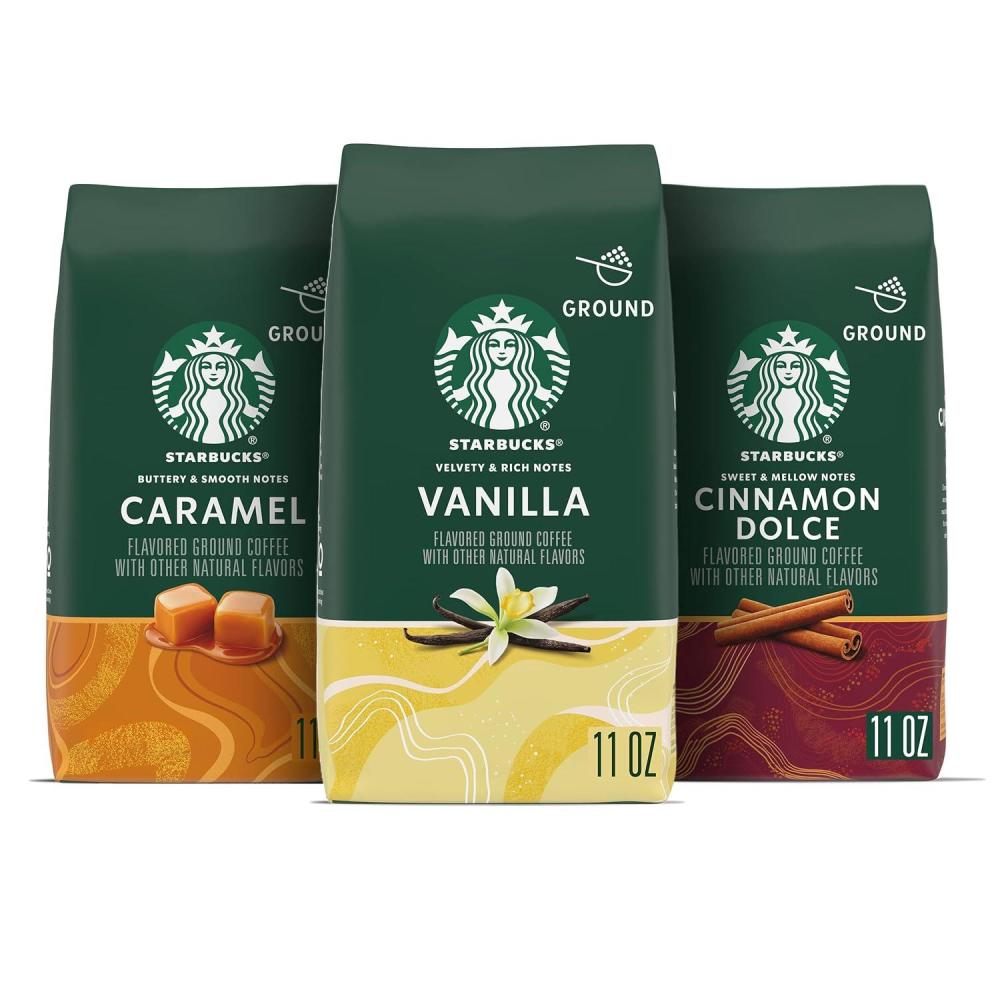 imageStarbucks Flavored Ground Coffee Variety Pack Naturally Flavored 3 bags 11 oz eachCaramel Vanilla Cinnamon Dolce