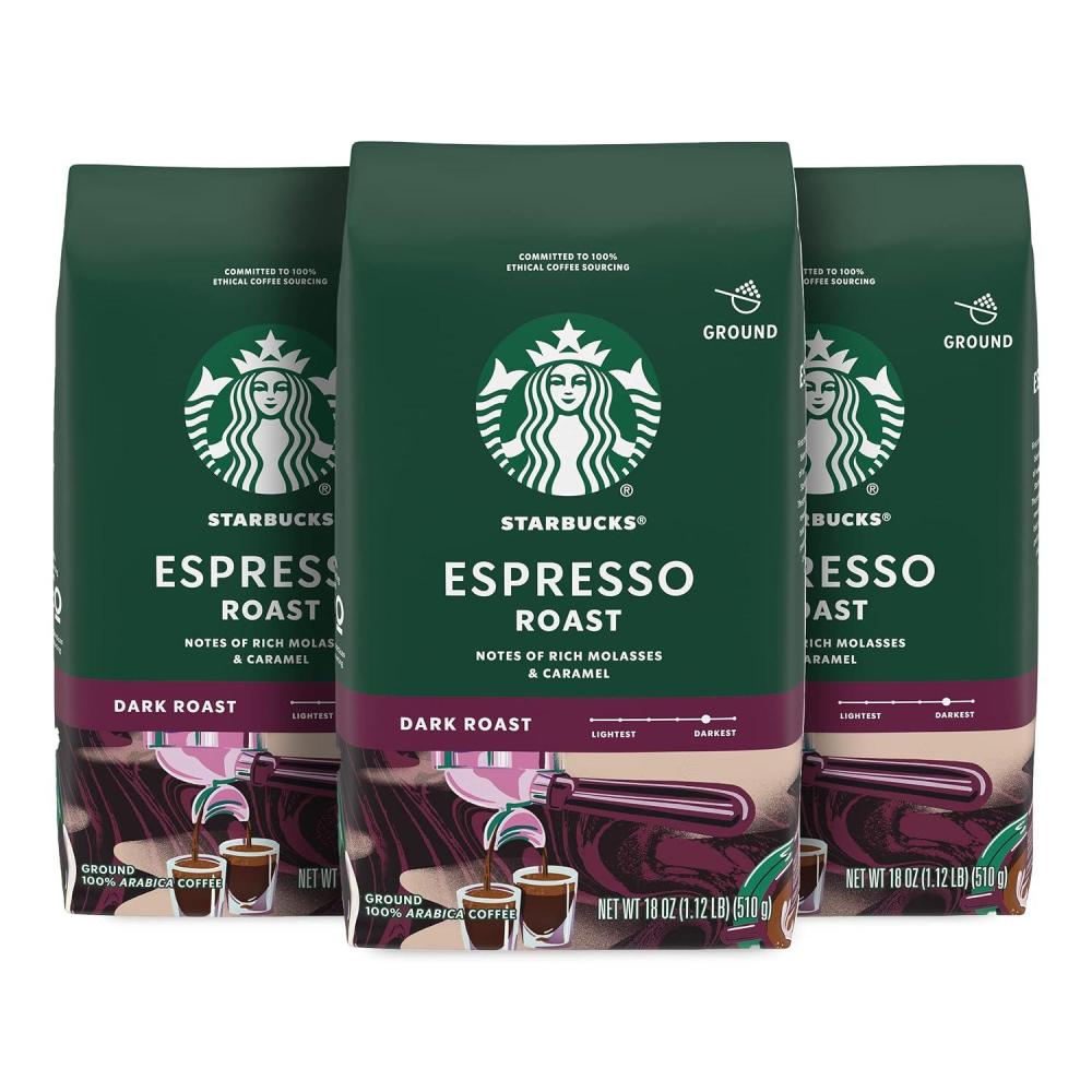 imageStarbucks Ground Coffee Dark Roast Coffee Espresso Roast 100 Arabica 3 bags 18 oz each