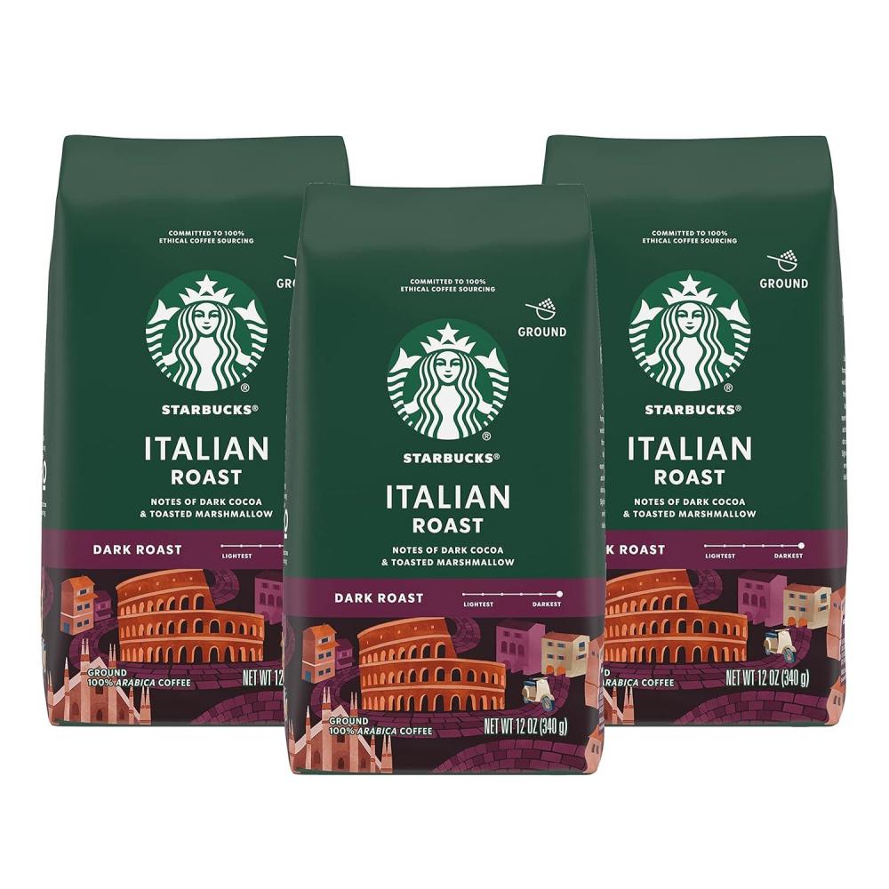 imageStarbucks Ground Coffee Dark Roast Coffee Italian Roast 100 Arabica 3 bags 12 oz eachCocoa and Toasted Marshmallow