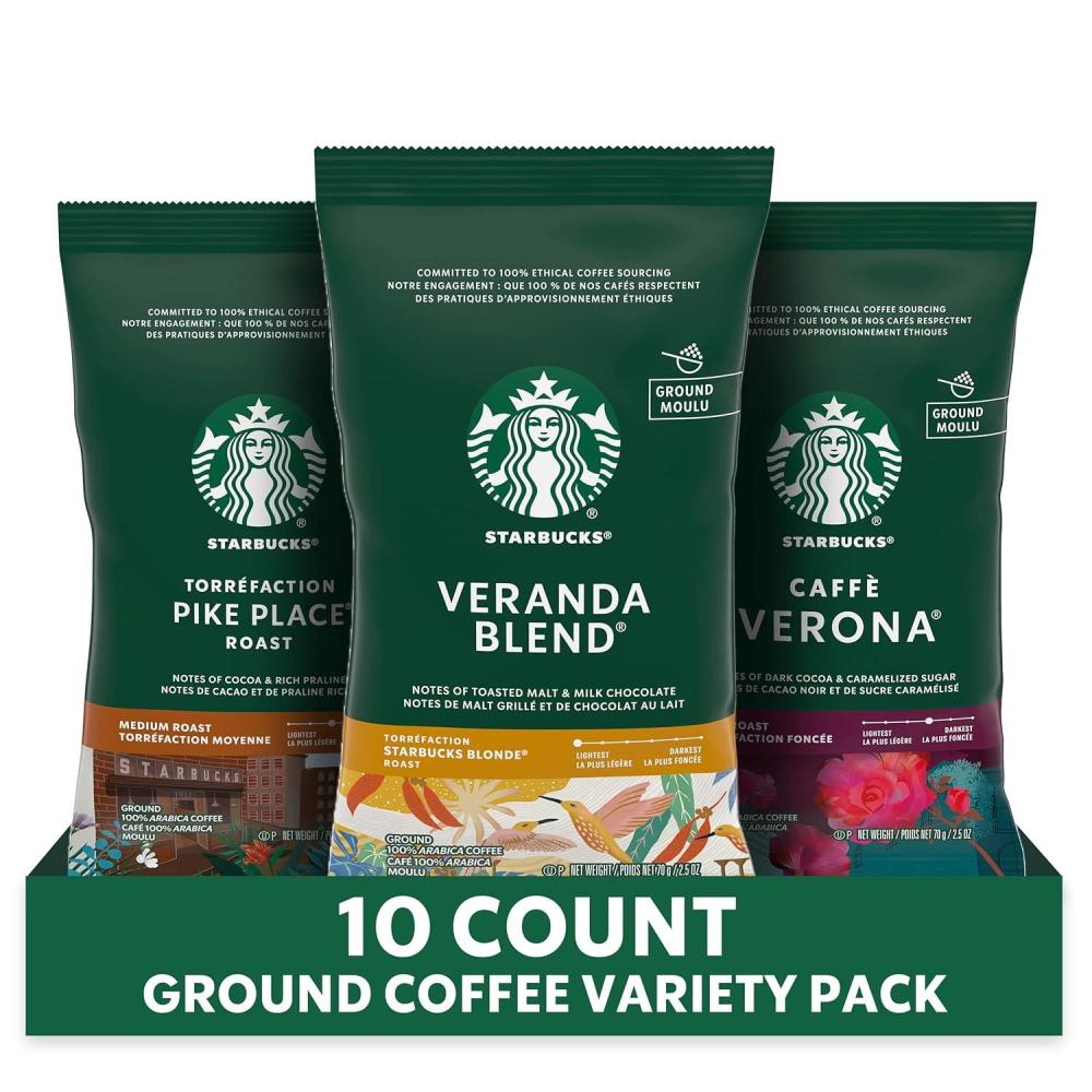 imageStarbucks Ground Coffee Variety Pack Dark Medium Starbucks Blonde Roast 100 Arabica 10 Packets 25 oz each