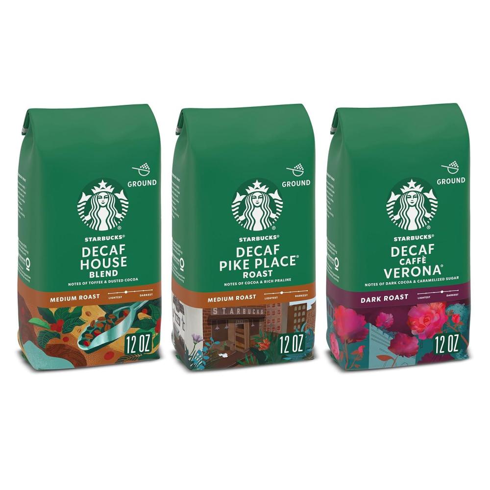 imageStarbucks Medium ampamp Dark Roast Decaf Ground Coffee Variety Pack 3 bags 12 oz eachDecaf Variety Pack