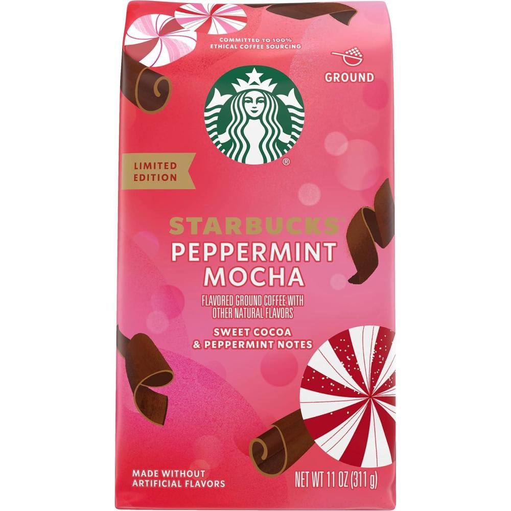 imageStarbucks Ground Coffee Peppermint Mocha Naturally Flavored Coffee 100 Arabica Limited Edition Holiday Coffee 1 Bag 11 OzSweet Cocoa and Peppermint Notes
