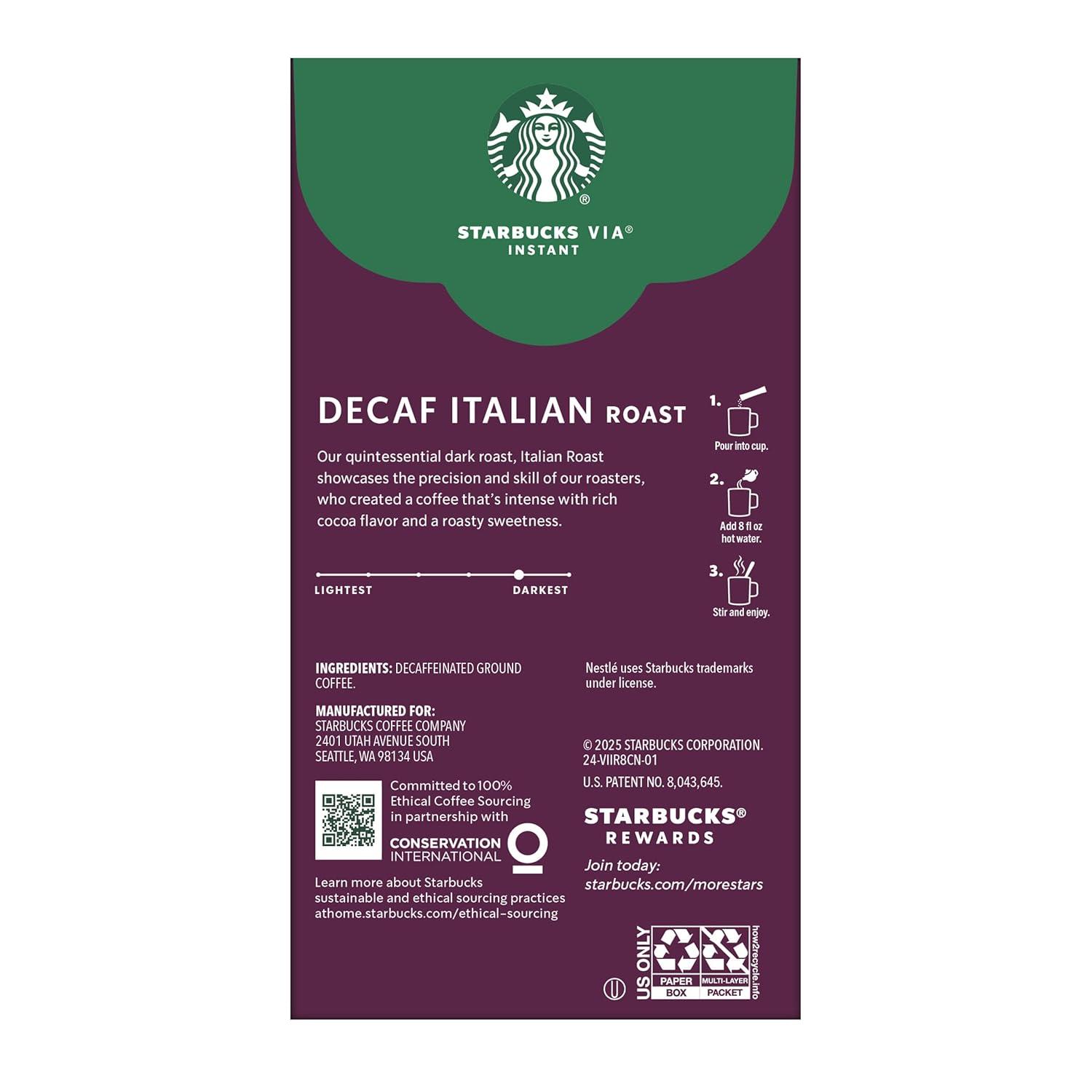 image:imageStarbucks VIA Instant Coffee Dark Roast Coffee Decaf Italian Roast Arabica Beans SingleServe 1 Box 20 Packets